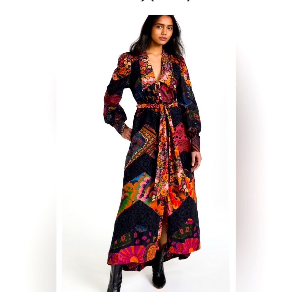 Farm Rio Mixed Black Prints Lace Ankle Dress